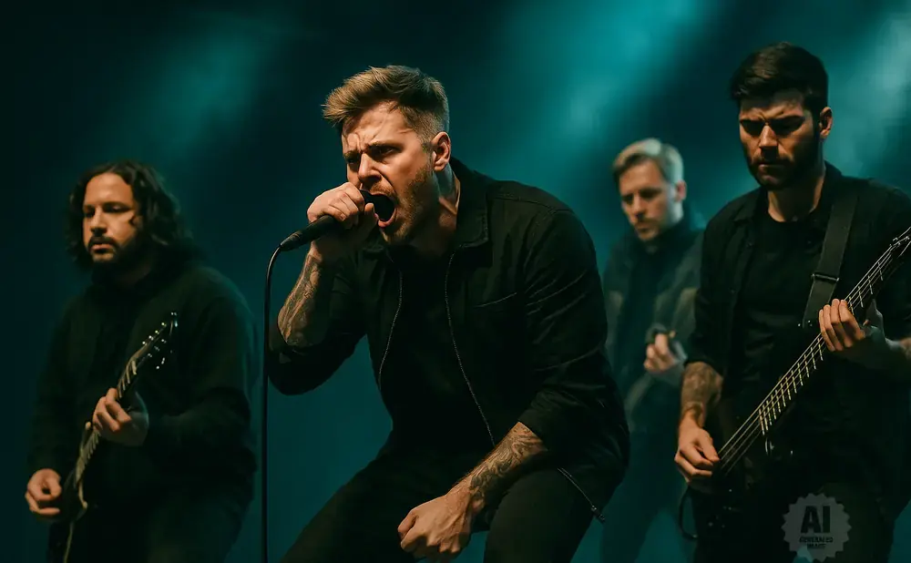 A male singer in black, with tattoos, sings into a microphone on stage with his band.