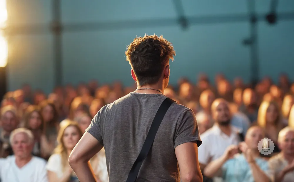 A man with curly hair stands with his back to the camera, facing a blurred audience.