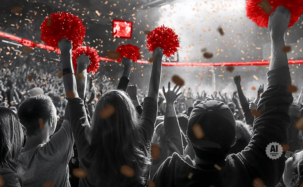 A crowd cheers, holding up red pom-poms amidst falling confetti.