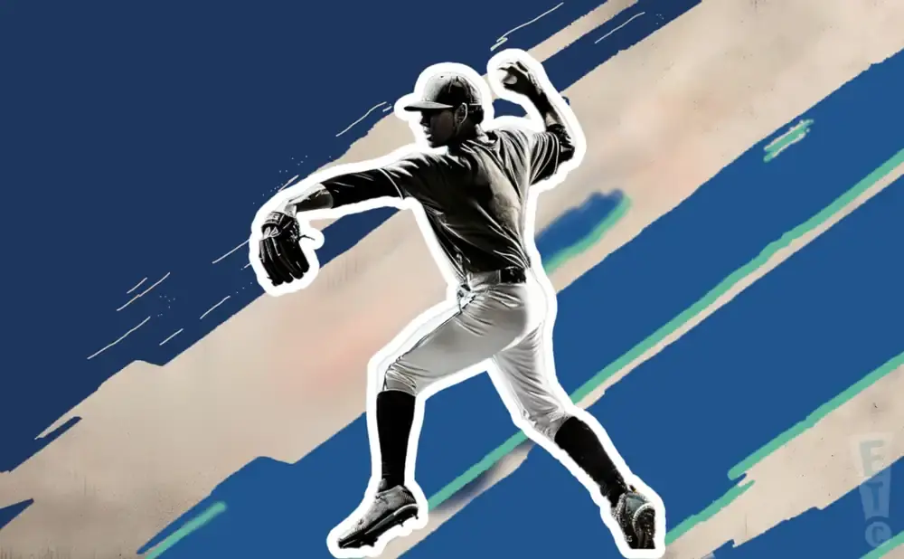 Baseball pitcher in mid-throw, silhouetted against a blue and tan abstract background with stylized lines.
