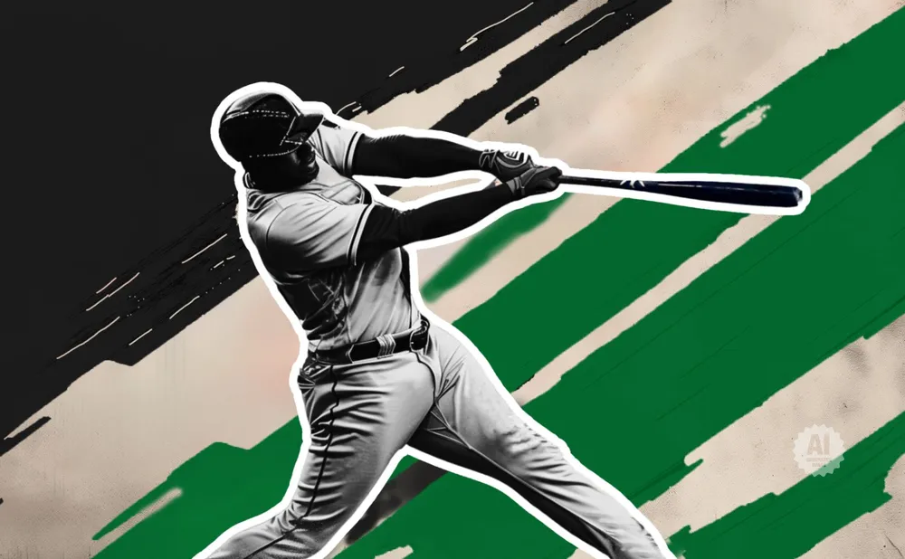 A baseball player swings a bat with a blurred, abstract background of green and black.