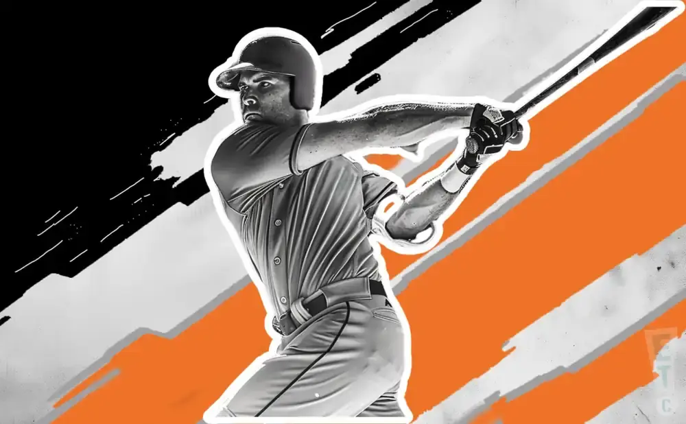 A baseball player in mid-swing, with a stylized black, orange, and white background.