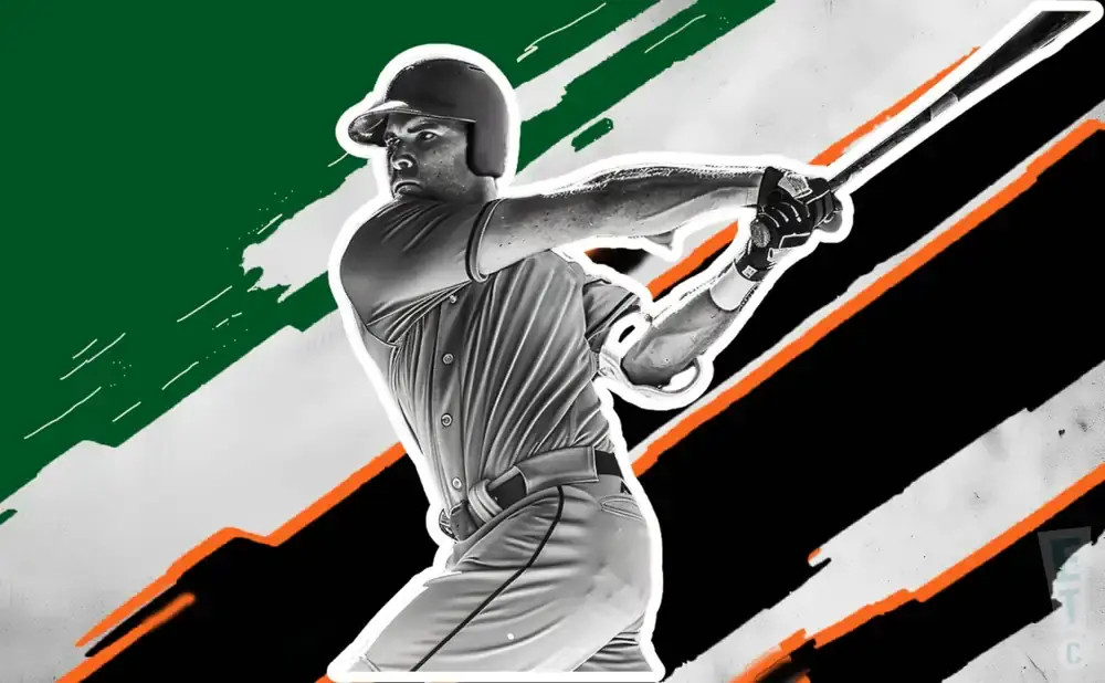 Black and white image of a baseball player swinging a bat against a background with green, white, and orange stripes.