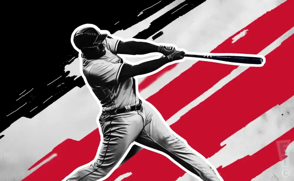 A baseball player swings a bat against a red and black background.