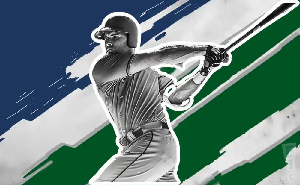 A black and white image of a baseball player swinging a bat against a backdrop of blue, green, and white stripes.
