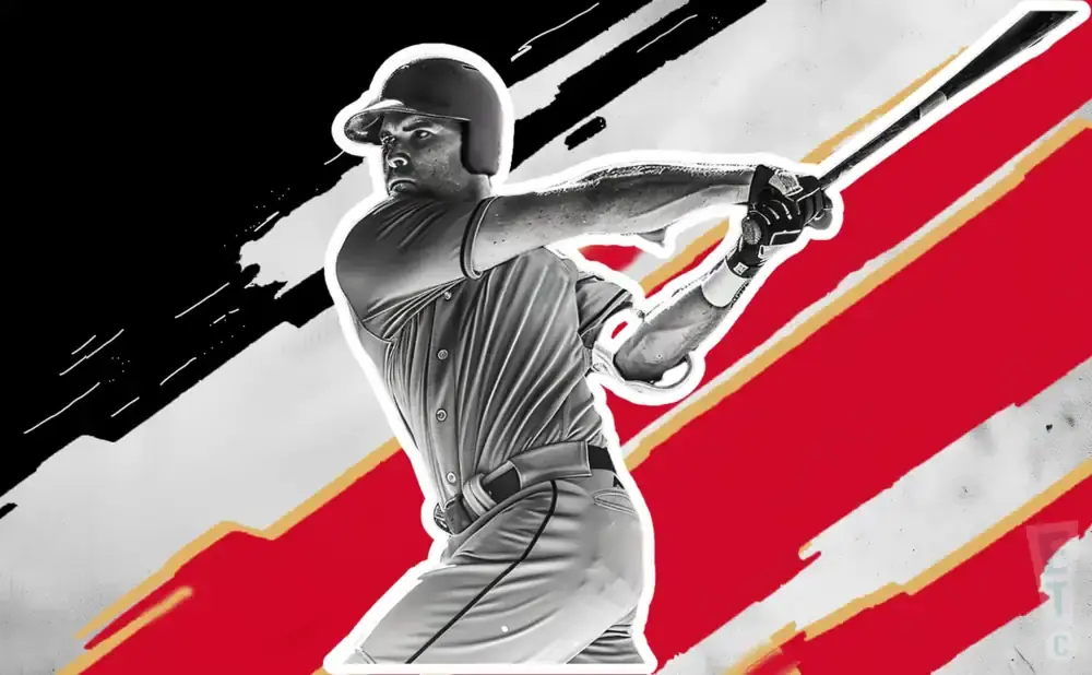 A black and white baseball player swings a bat against a vibrant red, white, and black background.