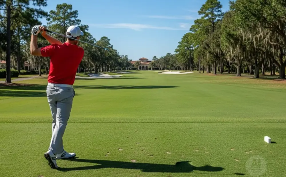 Golfer in red shirt and grey pants swings club on a golf course with trees and a building in the background.