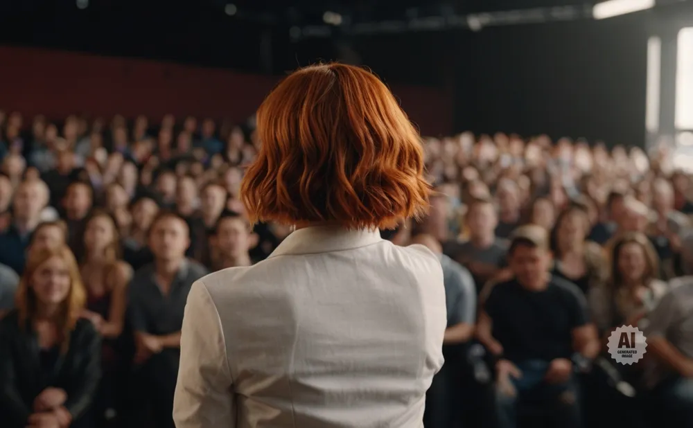 A woman with short red hair in a white blazer speaks to a large audience in a lecture hall.