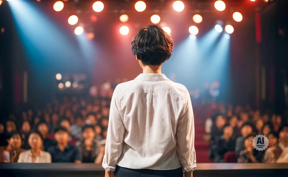 A person stands on a stage facing an audience, illuminated by stage lights.
