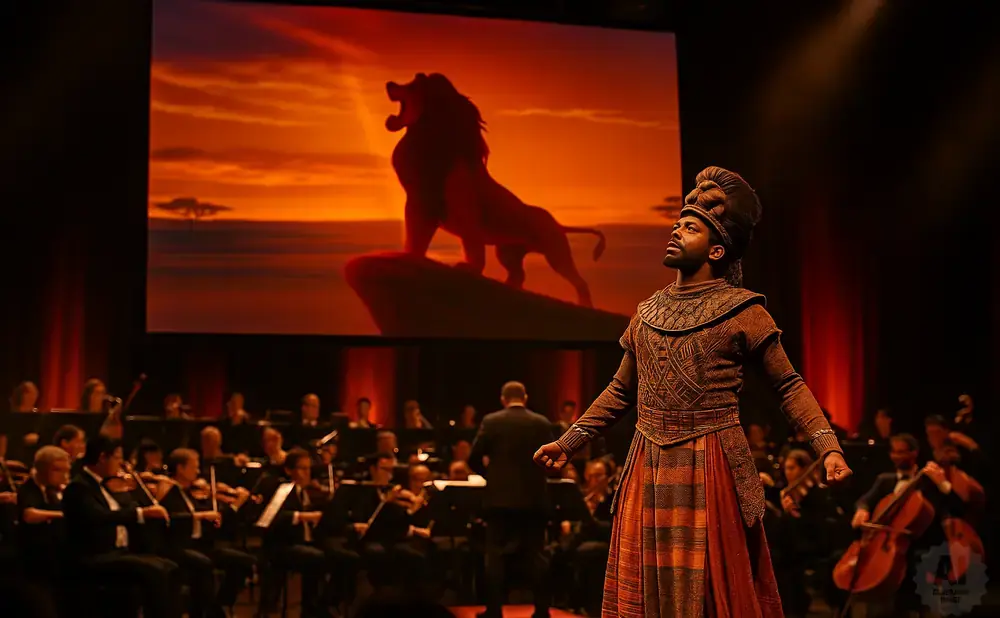 A man in costume stands before a screen showing a lion silhouette on Pride Rock, with an orchestra playing behind him.