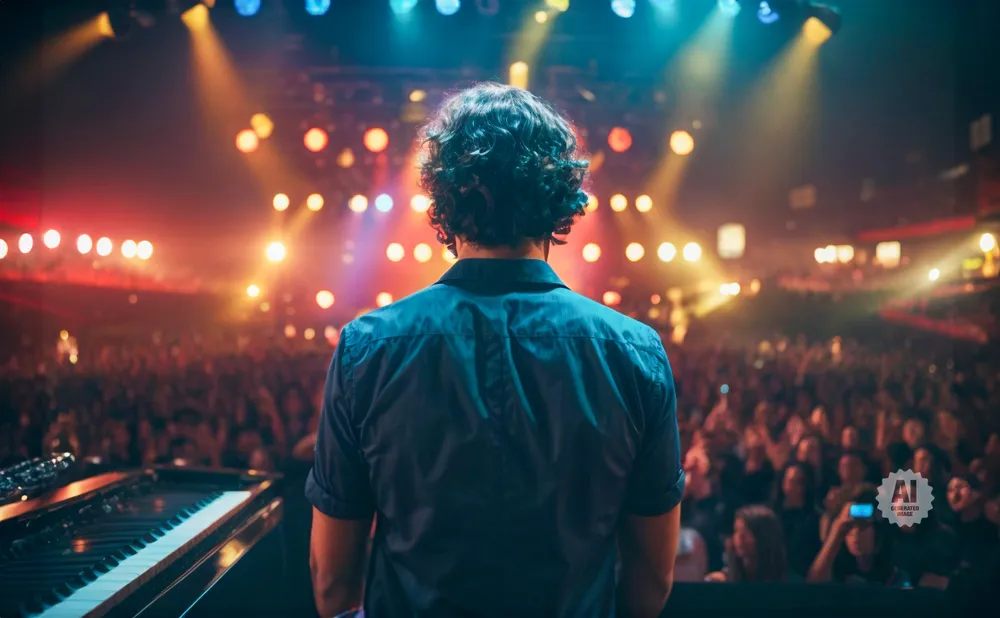A person with curly hair faces a lively concert crowd, with a keyboard in the foreground.