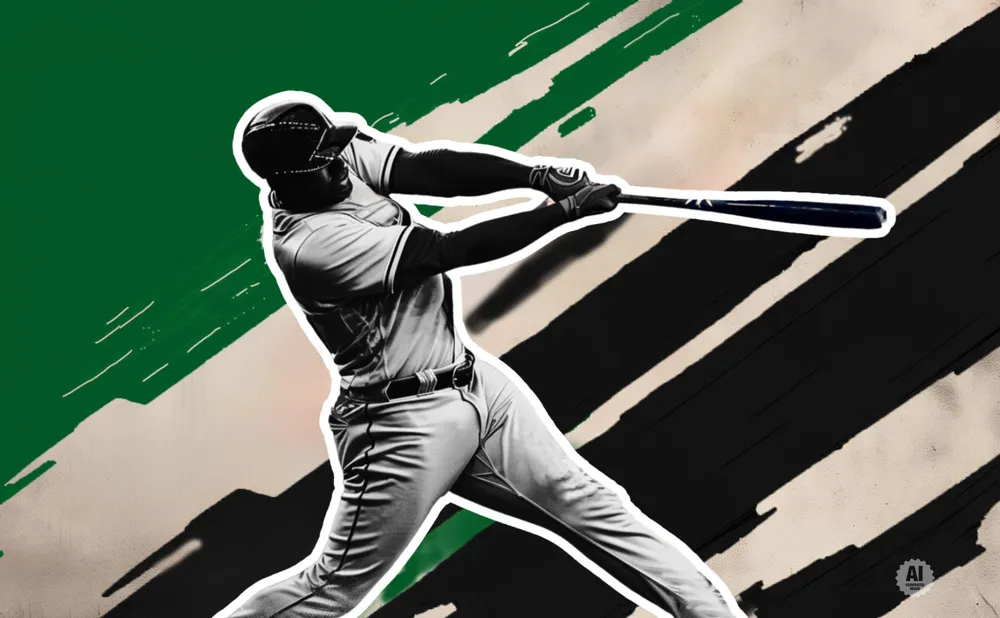 A baseball player swings at a pitch, silhouetted against a green and black abstract background.