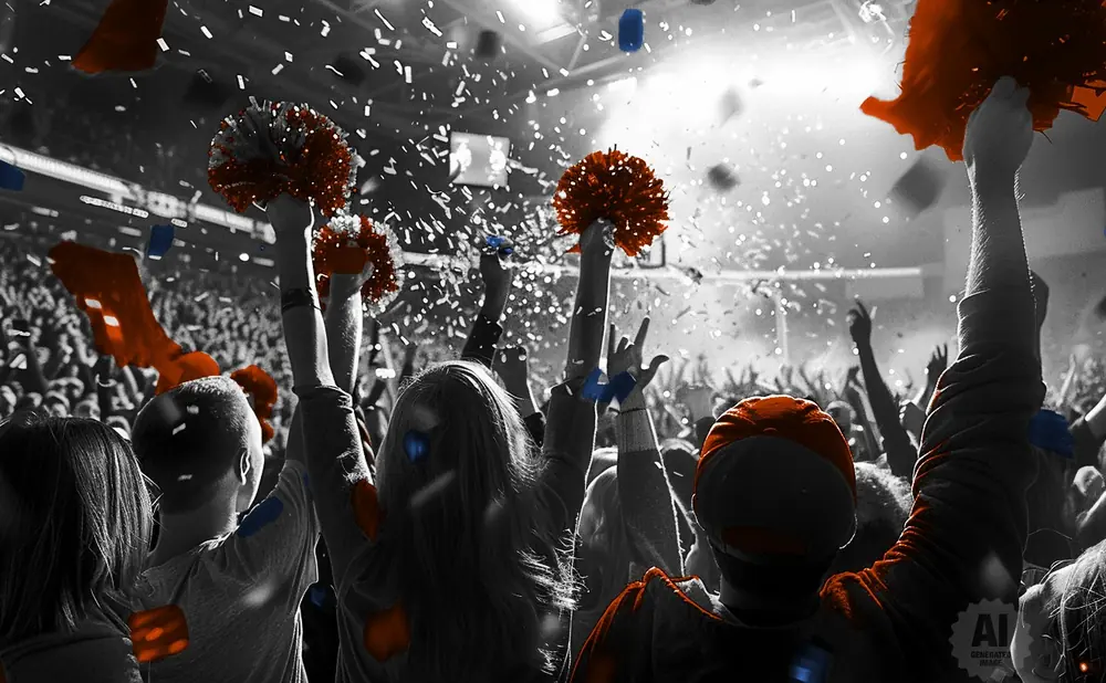 Crowd cheering at an event with red and blue confetti and pom-poms.