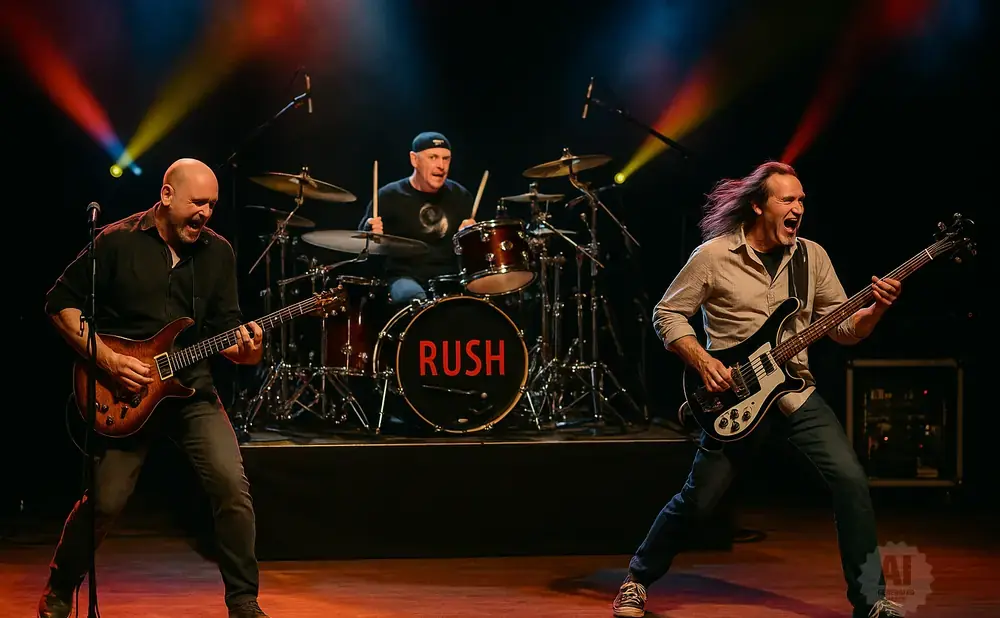 Rush band members perform live on stage. A guitarist, drummer, and bassist play their instruments.