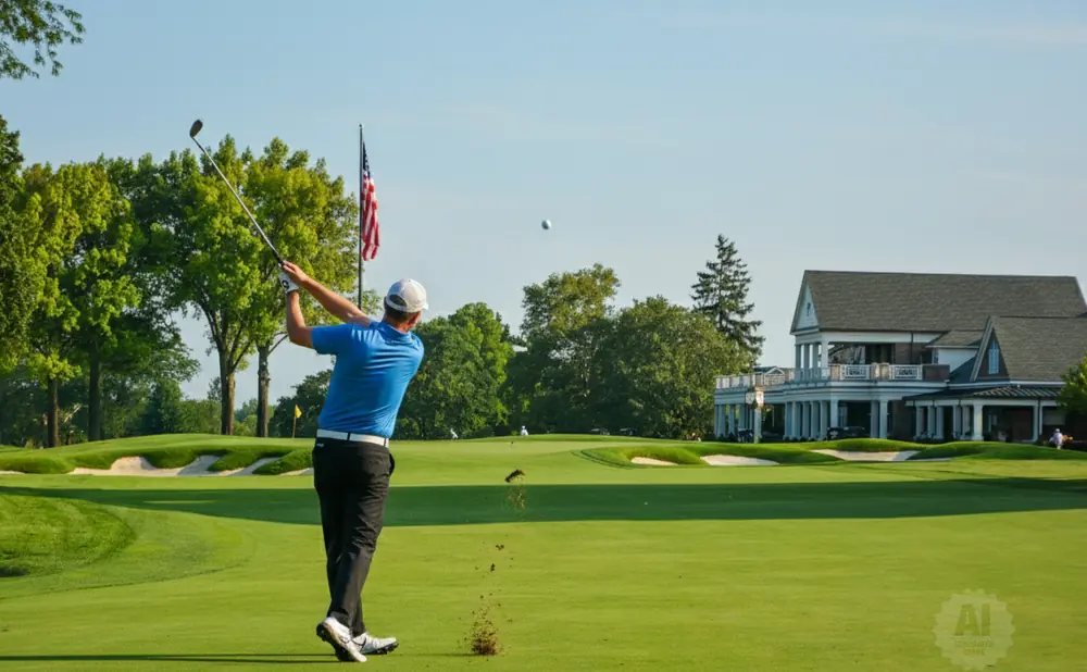 Golfer swings club on a sunny golf course with a clubhouse in the background.