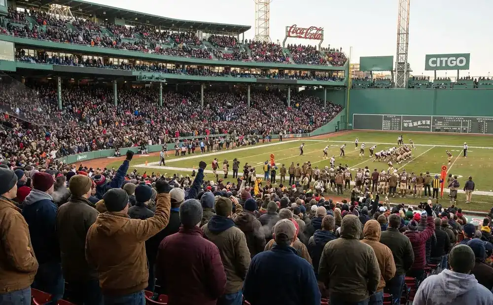 Fans in baseball stadium seats watch an American football game.