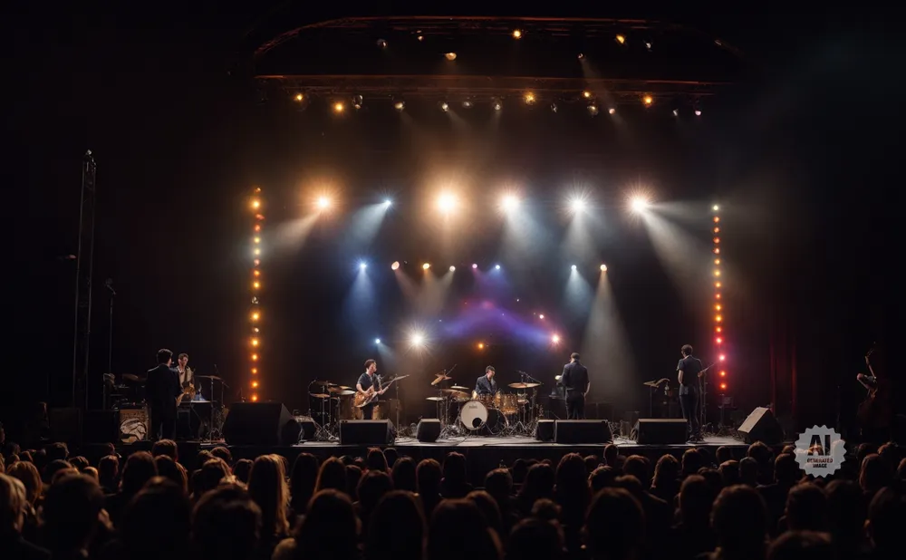 A band performs on a dimly lit stage with bright spotlights, in front of a cheering crowd.