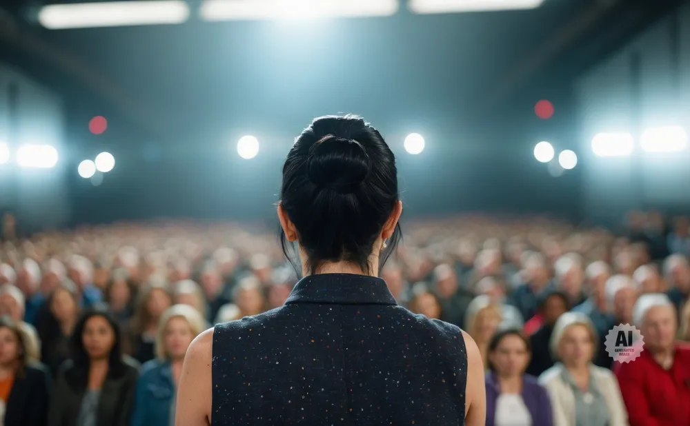 A woman with her hair in a bun faces a large, blurred audience.