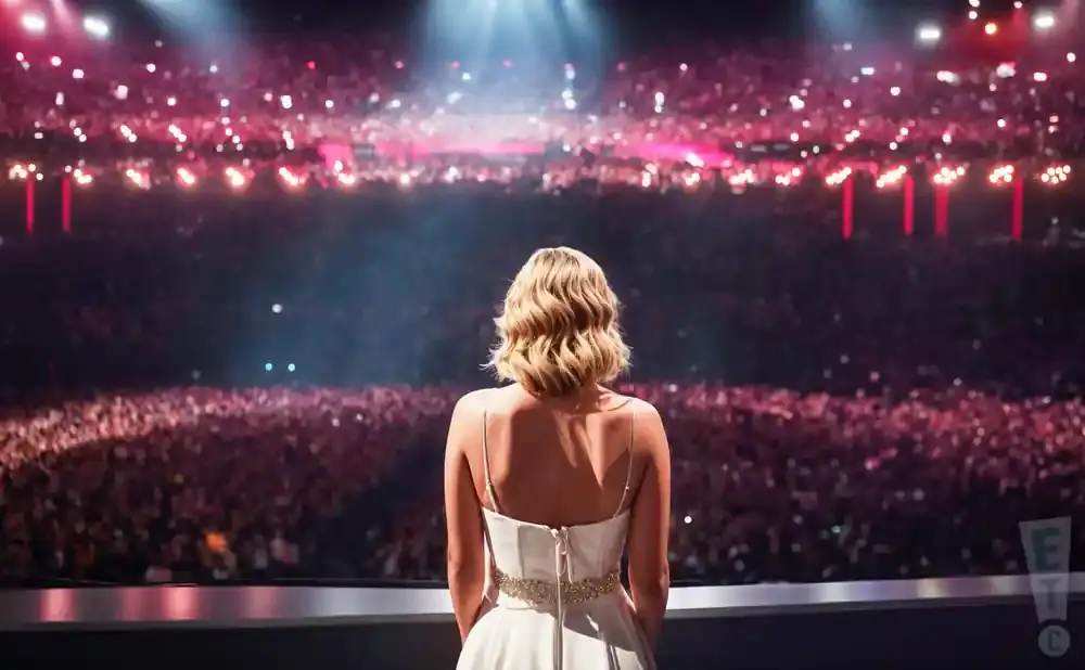 A woman in a white dress stands on a stage facing a massive, cheering crowd in a dimly lit stadium.