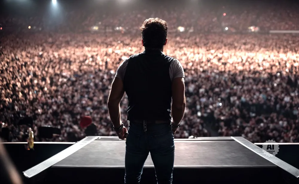 A performer in a vest and jeans stands with his back to the camera, facing a large, cheering audience.