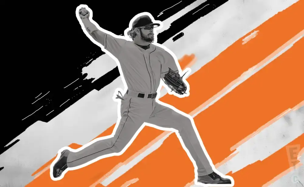 A baseball pitcher leaps in mid-air, mid-pitch, against a striking black and orange background.