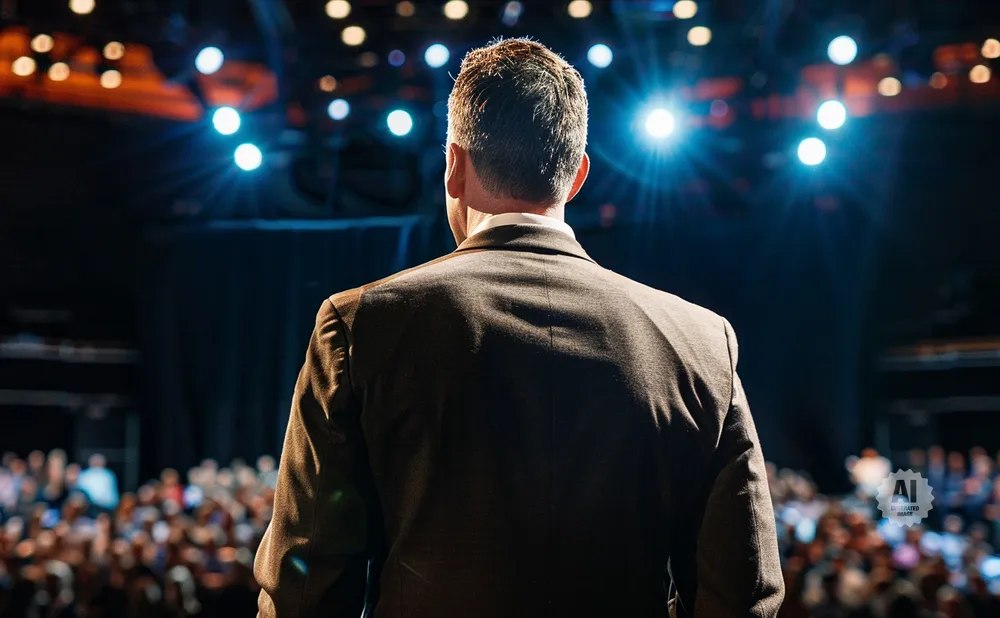 Man in suit facing away from camera, on stage with bright lights and an audience.