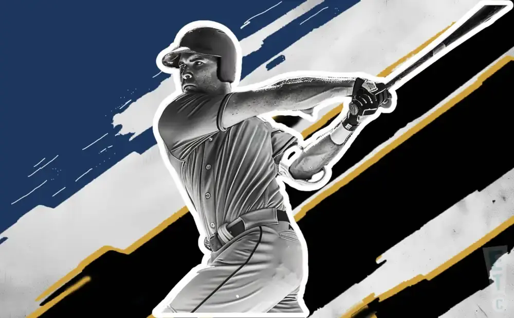Black and white image of a baseball player swinging a bat with stylized blue, yellow, and black background.