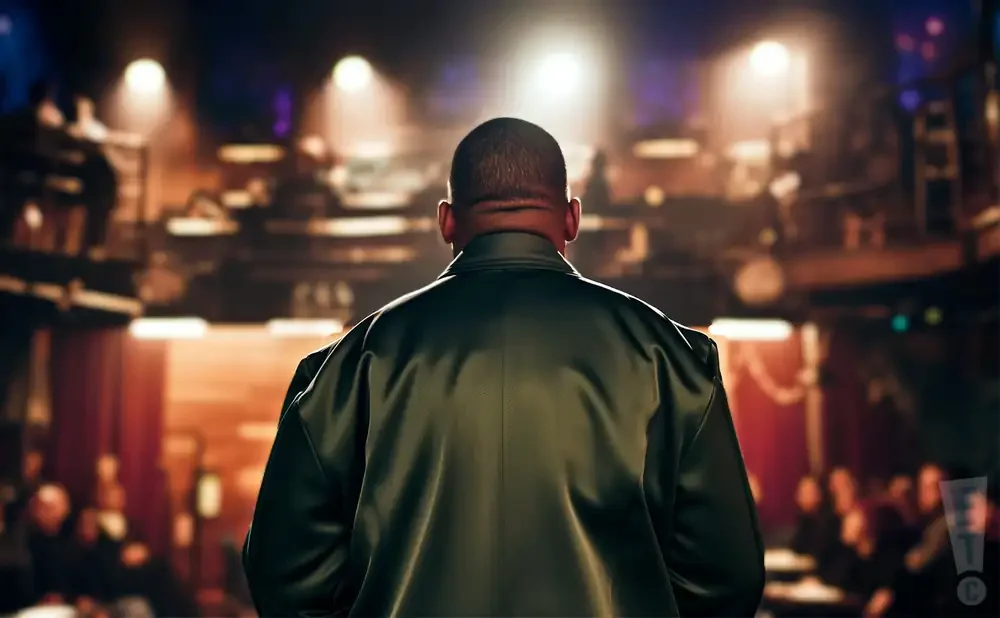Back view of a man in a satin jacket facing a blurred audience in a dimly lit room with spotlights.