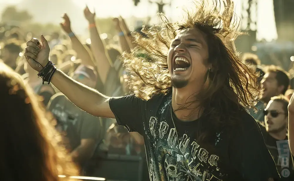 A man with long hair fans out at a concert, head thrown back, mouth open in a yell, with a crowd behind him.