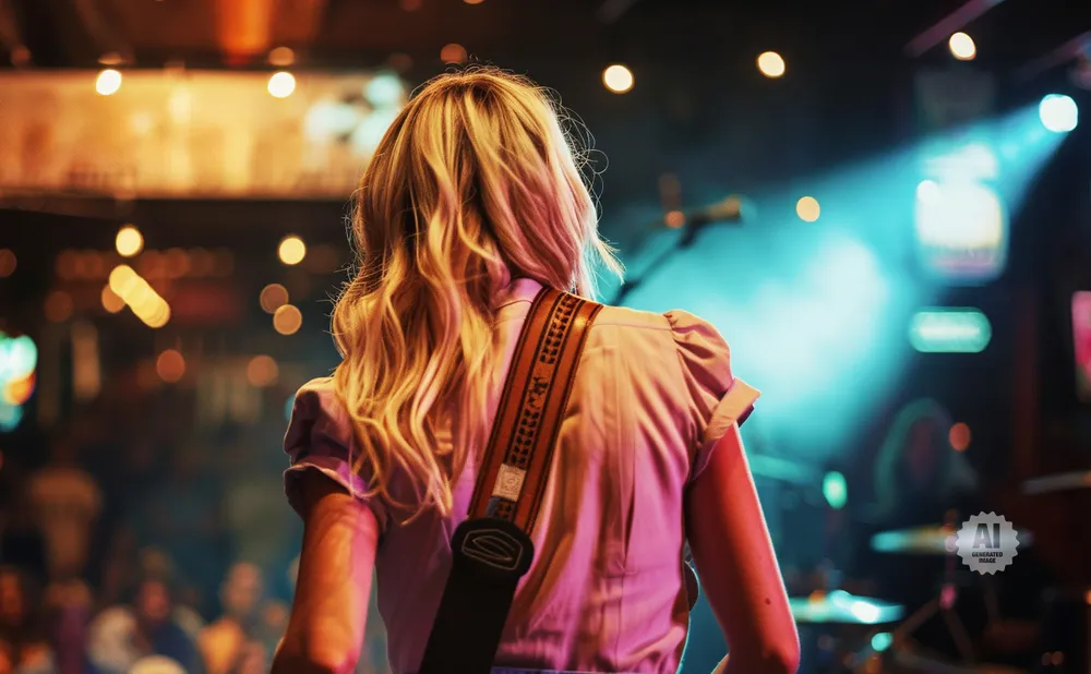Back view of a blonde woman on stage wearing a light pink shirt and a guitar strap.