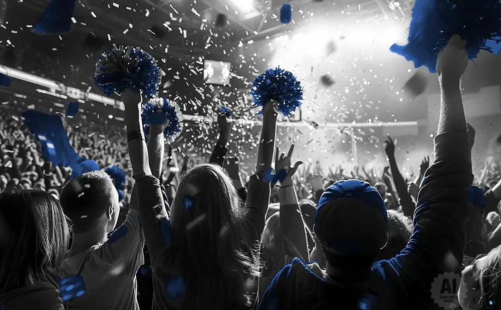 Crowd cheering at a concert with blue confetti and pom-poms.