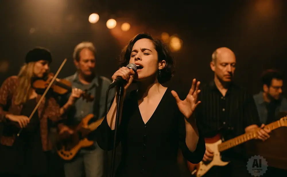 A band performs on stage, with a female singer in the foreground holding a microphone.