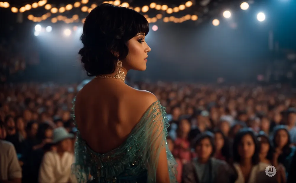 Woman in a sparkly blue dress on stage facing a large, blurred audience.