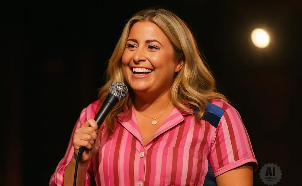 A blonde woman in a pink striped shirt holds a microphone and laughs.