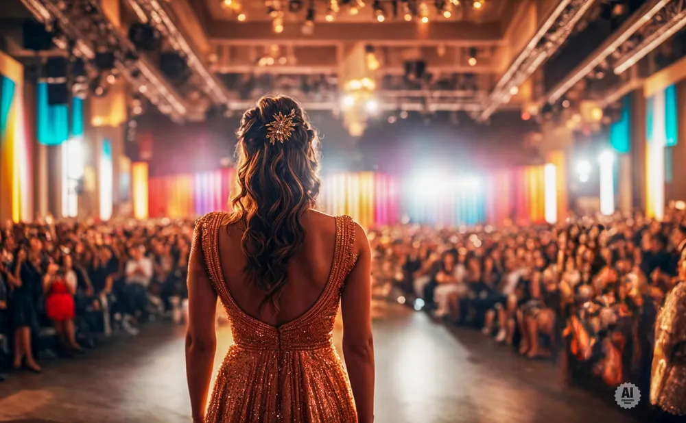 Woman in a sparkly gold dress facing a runway with a large audience.