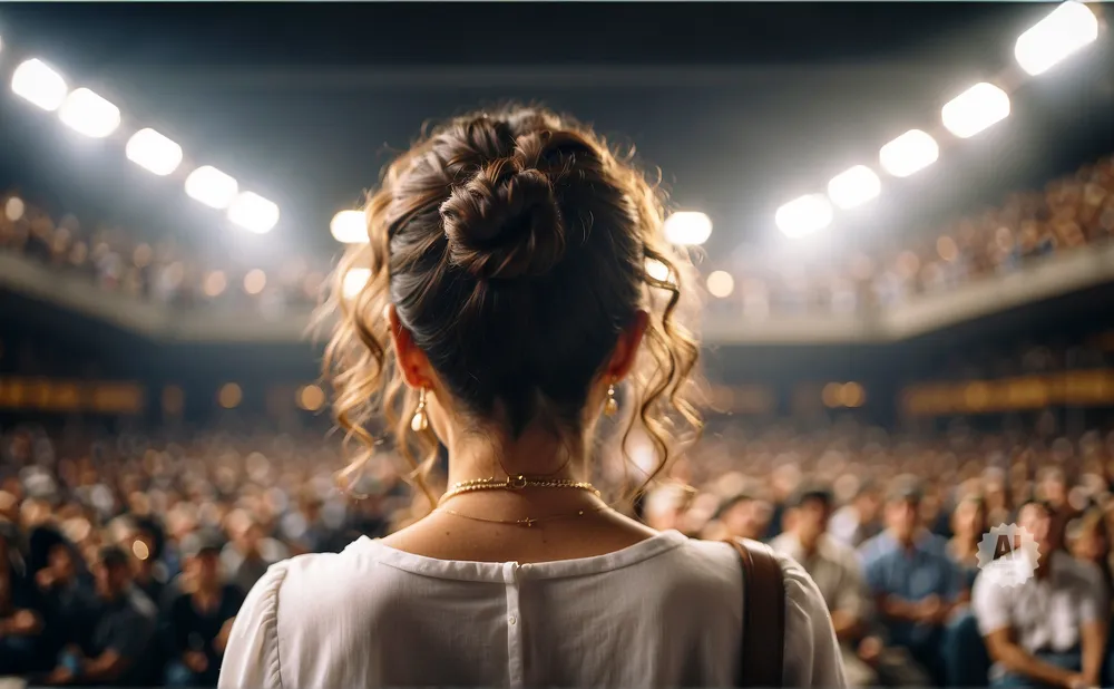 Woman's back with hair in a bun, facing a large, blurred audience and bright stage lights.