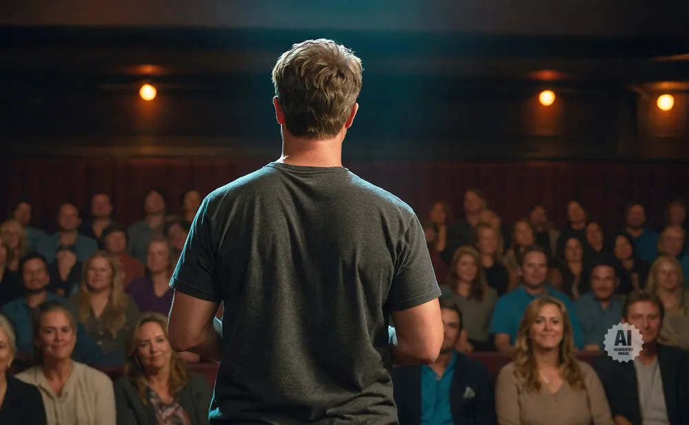 A man faces an audience in a dimly lit theater.