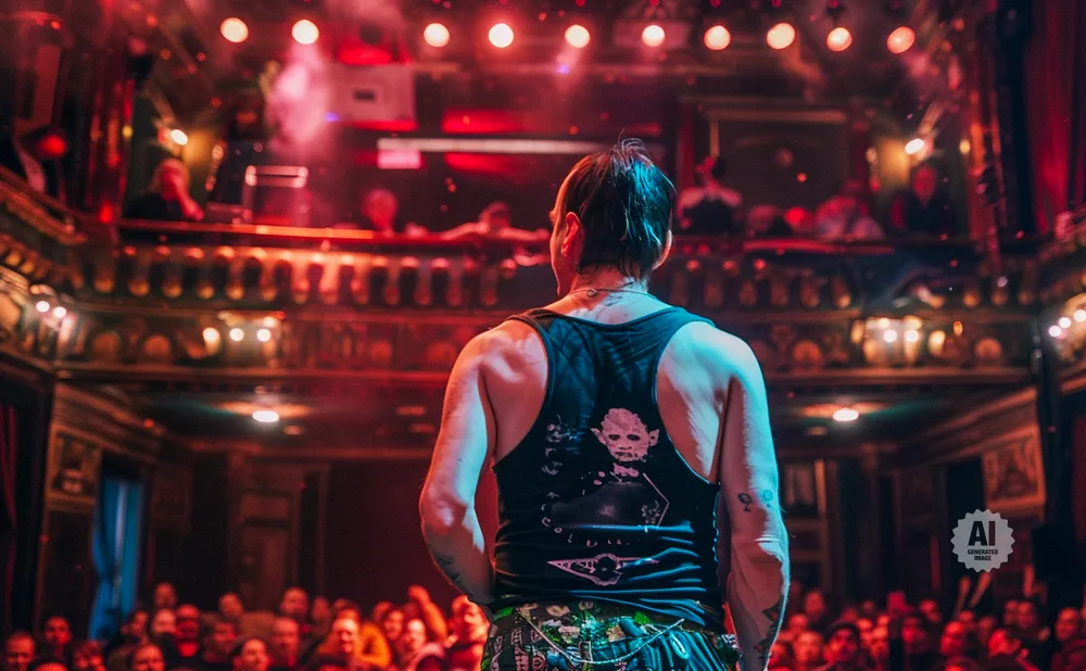 Man in a tank top facing away from camera on a stage with red lighting and an audience below.