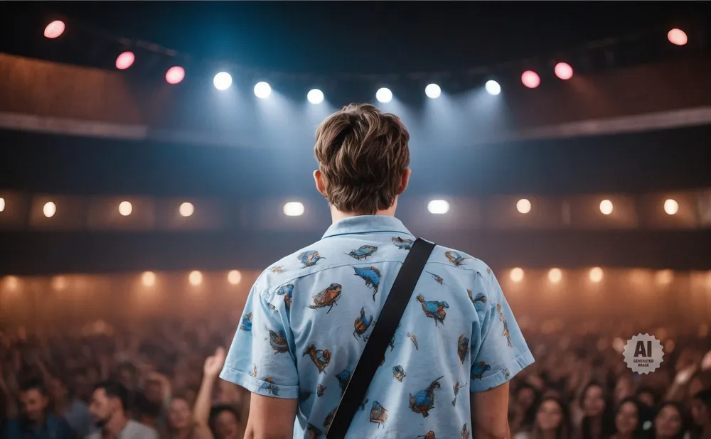 Back of a man with a bird-print shirt on stage, facing a cheering crowd under stage lights.