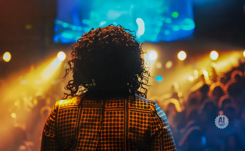 A person with curly hair stands on a stage, facing a crowd under bright lights.