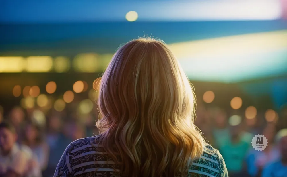 Woman with blonde wavy hair speaking to an out-of-focus crowd under soft stage lighting.