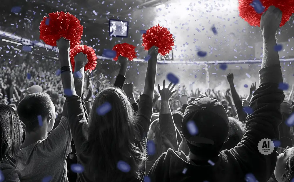 Fans cheer with red pom-poms and confetti at a black and white event.