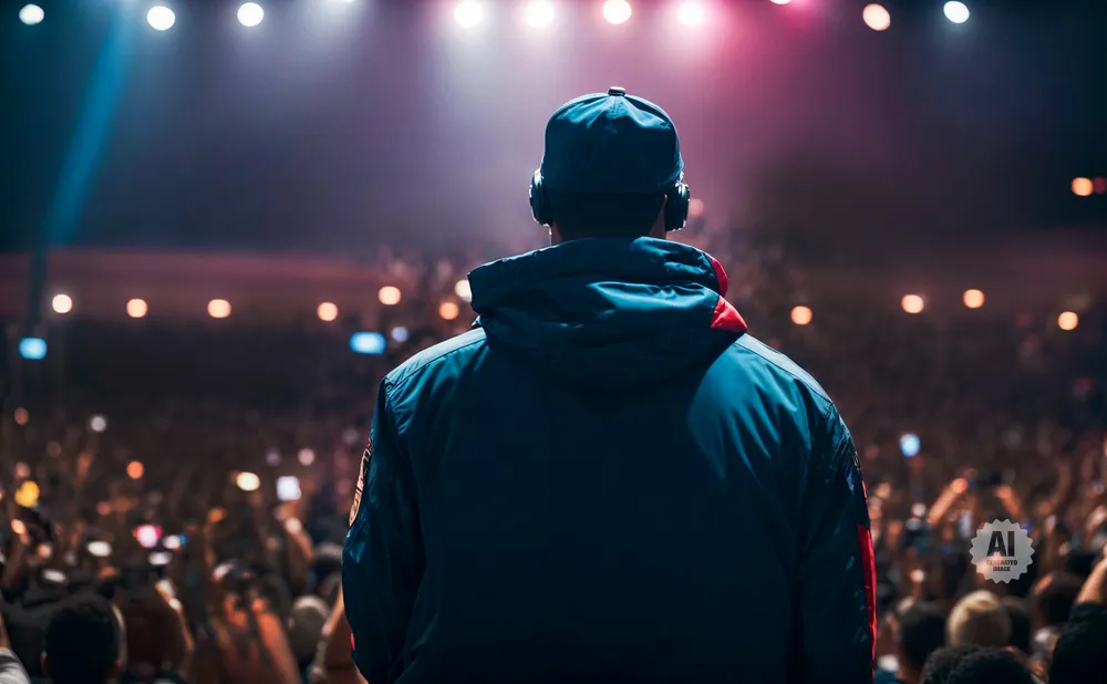 Man in a blue jacket and cap wearing headphones stands with back to camera facing a cheering crowd at a concert.