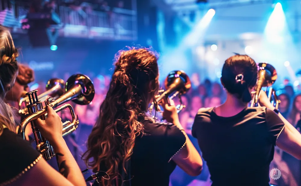 A brass band plays trumpets on a stage with a blurred audience and stage lights.