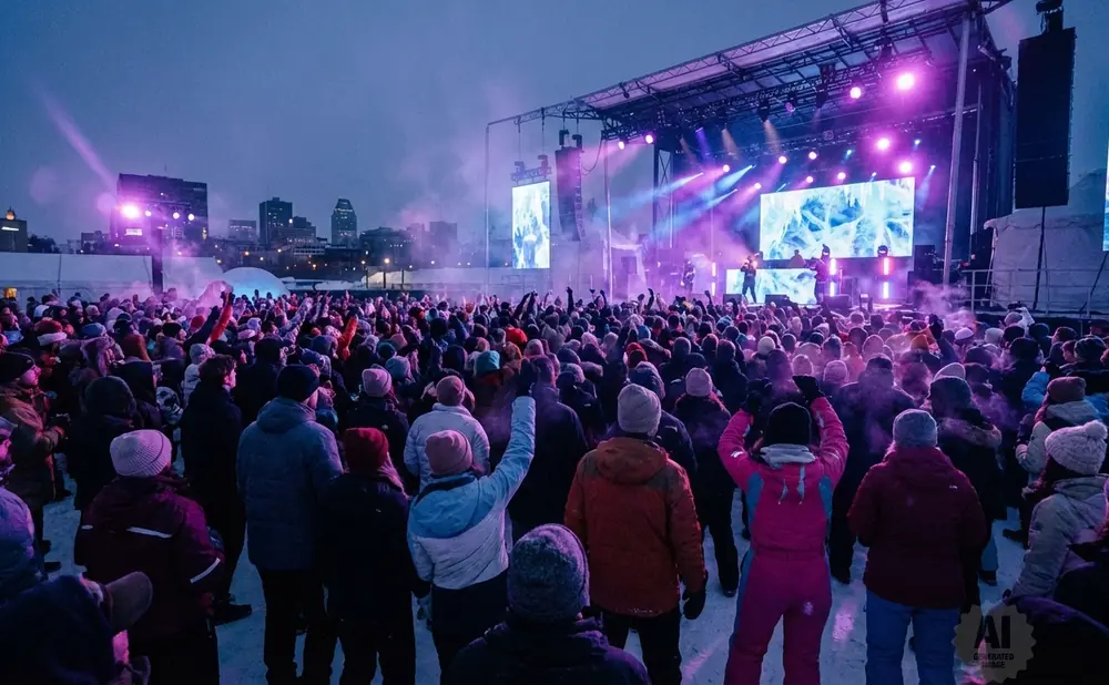 Crowd watching a concert on an outdoor stage at night, with snow falling.