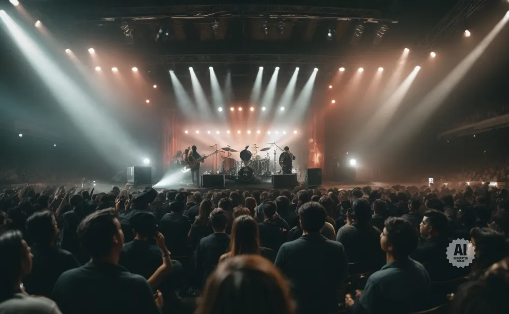 A band performs on a stage with bright spotlights, to a large, dark audience.