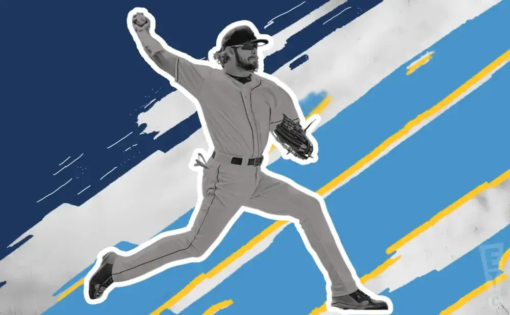 A baseball player in mid-air, throwing a pitch, against a stylized blue and white background with yellow stripes.