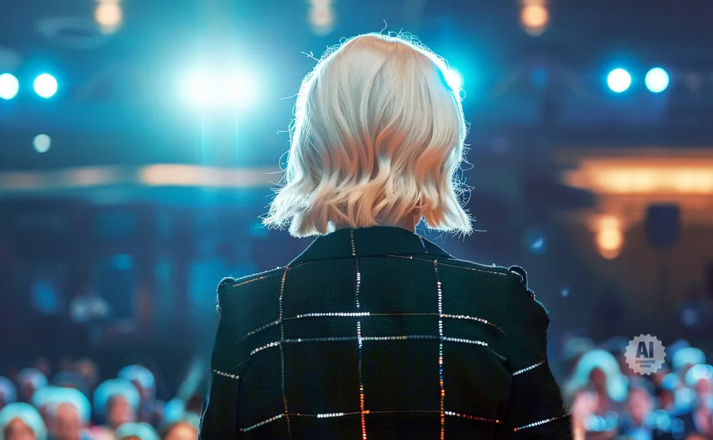 Woman with short blonde hair in a black blazer with a plaid pattern stands facing away from the camera, in front of a bright spotlight.