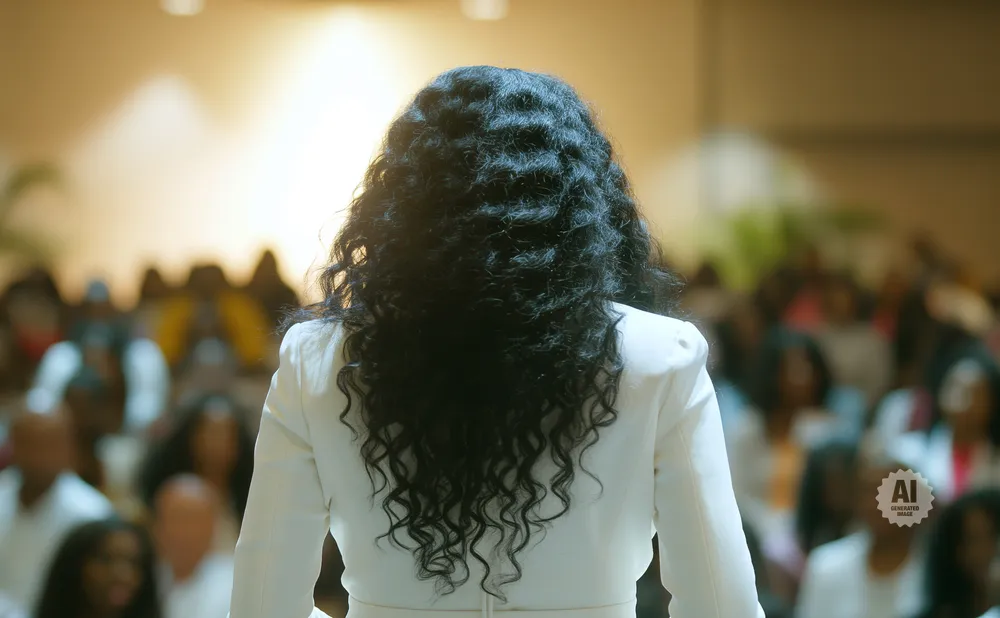 Woman in a white suit with long curly hair speaking to a blurred audience.