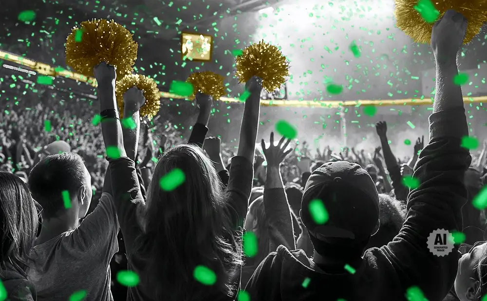Fans cheer with gold pom-poms and green confetti at a concert.